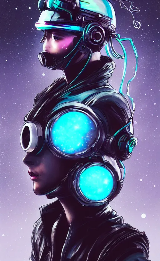 Prompt: wearing the cyberpunk vr helmet of the northern star, fashion, fancy suit, cosmic nova, expensive clothing, professional, teal helmet, illustration, style of yoshitaka amano, illustration, artstation, pixiv