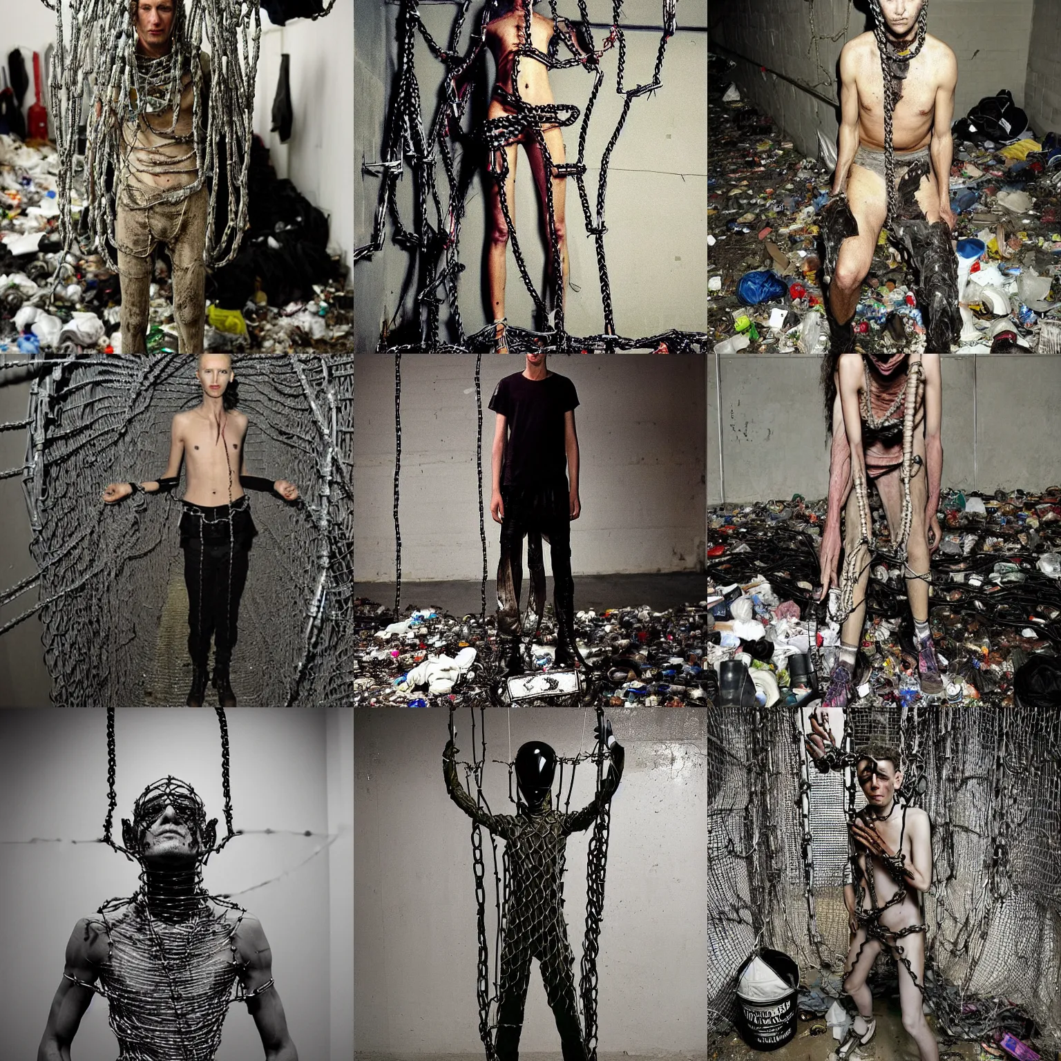 Prompt: alien high-fashion model by Juergen Teller wrapped in barbed wire and chains in a dark dark dark small filthy concrete room full of garbage and trash and network cables cables cables chains chains chains everywhere