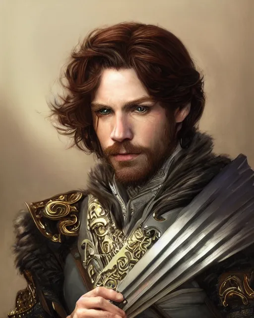 Image similar to white male rogue bard portrait, highly detailed, very intricate, cinematic lighting, closeup painted portrait, by donato giancola and rossdraws and magali villenueve, featured on artstation