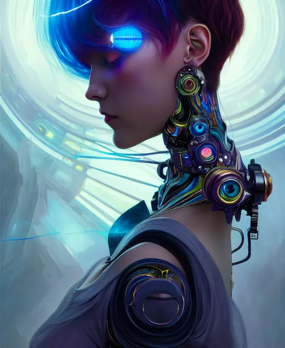 Image similar to a whirlwind of souls rushing inside the metaverse, half body, jewelry, fashionable short haircut, headset, android, cyborg, cyberpunk face, by loish, d & d, fantasy, intricate, elegant, highly detailed, colorful, vivid color, digital painting, artstation, concept art, art by artgerm and greg rutkowski and alphonse mucha