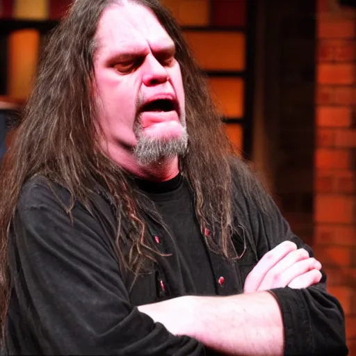 Image similar to George Fischer from cannibal corpse shows off his neck on Jerry Springer in the style of Moebius