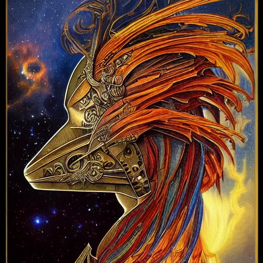 Prompt: portrait of Phoenix made with burning feather by Jeff Easley and Peter Elson + beautiful eyes, beautiful face + symmetry face + border and embellishments inspiried by alphonse mucha, fractals in the background, galaxy + baroque, gothic, surreal + highly detailed, intricate complexity, epic composition, magical atmosphere + masterpiece, award winning + trending on artstation