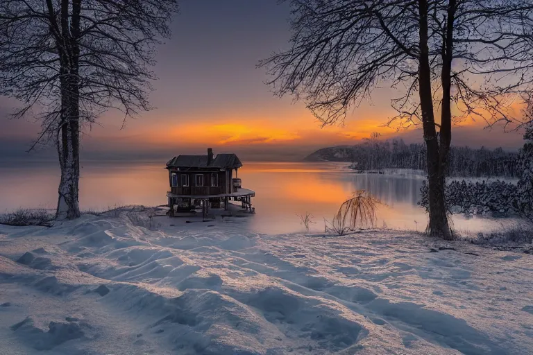 Prompt: amazing landscape photo of a lake house in winter by marc adamus beautiful dramatic lighting,