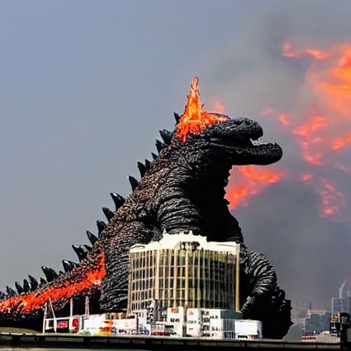 Image similar to godzilla eating a piece of cake. in the background tokyo city on fire