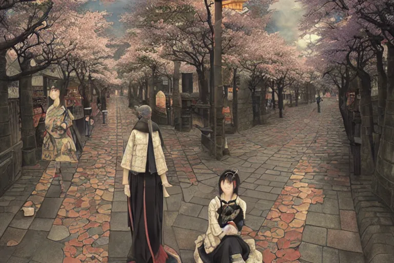 Prompt: Lee Jin-Eun by Andrew Ferez, rule of thirds, seductive look, beautiful, in Kyoto Gion with sakura trees