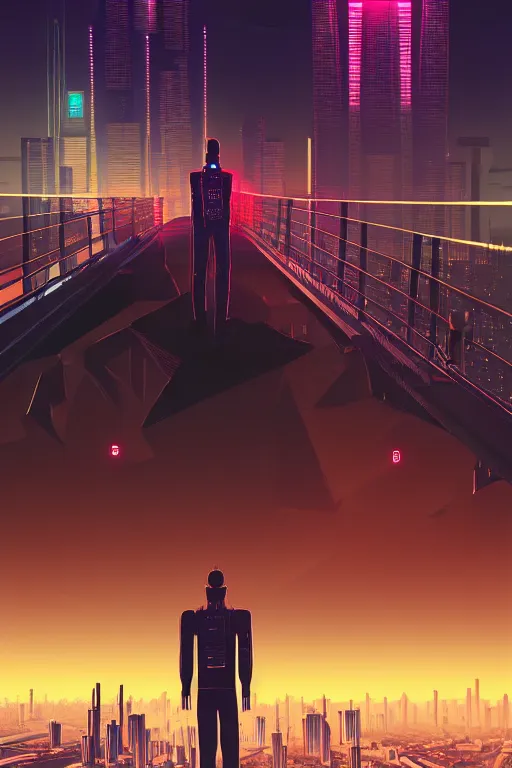 Image similar to a man standing on top of a bridge over a city, cyberpunk art by Vincent Lefevre, behance contest winner, altermodern, cityscape, synthwave, matte painting