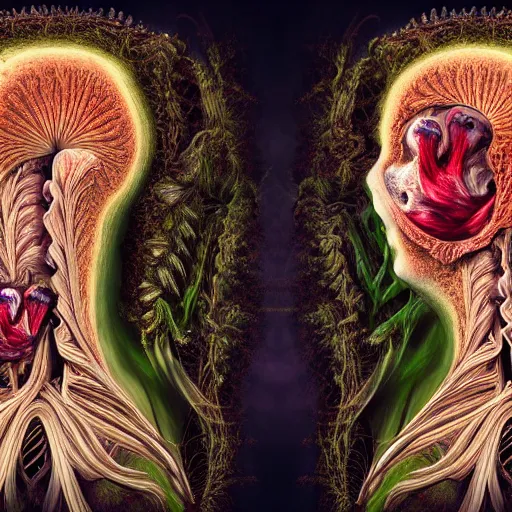 Image similar to a beautiful detailed photo of a rotten woman corpse portrait open in two sides morphing into fractal plants and fractal flowers and mushrooms, muscles, veins, anatomical, intricate, ornate, volumetric light, beautiful lit, romero ressendi