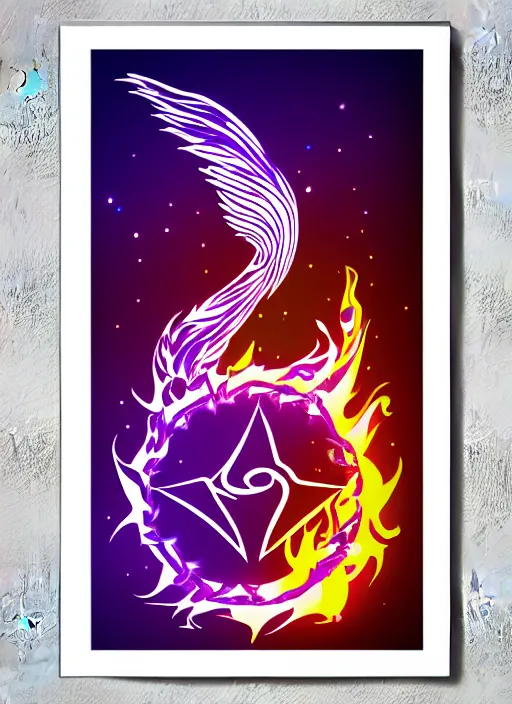 Prompt: white phoenix on salt crystals simple background simplified stylised poster art neat graphic design style holistic on purple flames geometric