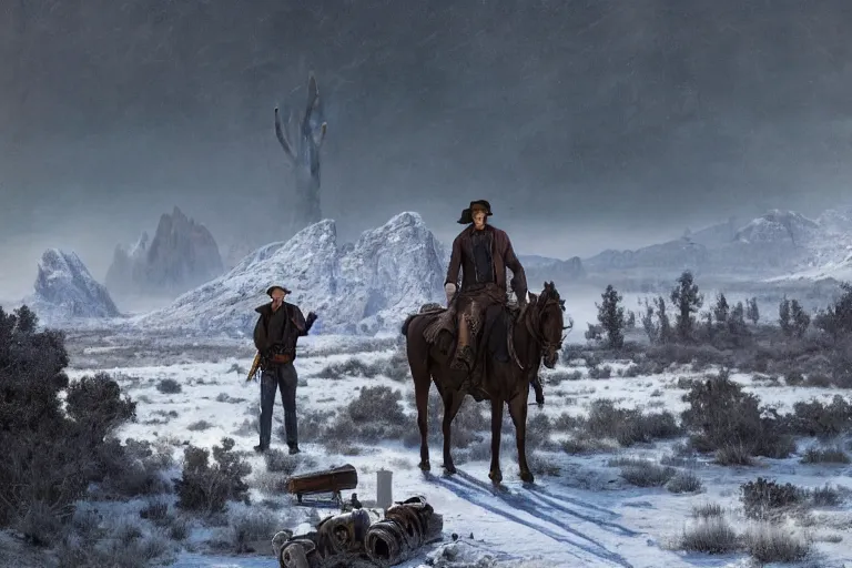 Image similar to an ultradetailed image of sam winchester as an old west gunfighter shooting at a charging wendigo, ultrawide lens, aerial photography, desert landscape with snowy mountains in the far background, masterpiece, 8 k, art by greg rutkowski and albert bierstadt