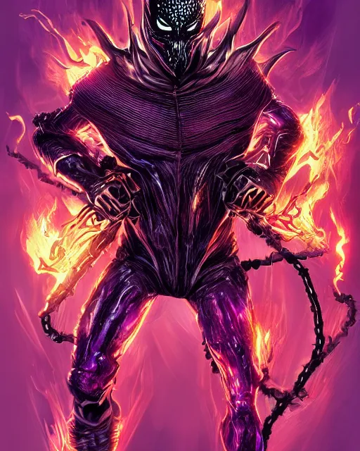 Image similar to ghost rider symbiote, purple and red variant, dynamic lighting, fantasy concept art, trending on art station, stunning visuals, creative, cinematic, ultra detailed, comic strip style