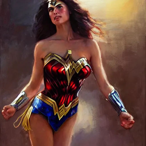 Prompt: portrait of Wonder Woman in the morning sun, Danile Gerhartz, oil painting