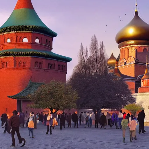 Image similar to chinese - style kremlin and chinese st. basil's cathedral on wide stone square at gentle dawn, a huge portrait of mao on the kremlin wall, at gentle dawn pink light, rossdraws, artgerm, norman rockwell, emiliano ponzi, epic composition, hd, octane, unreal engine, volumetric lighting, light rays, masterpiece, award - winning