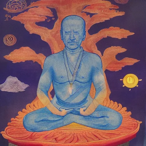 Image similar to joe biden meditates under the bodhi tree, third eye, tempera on wood