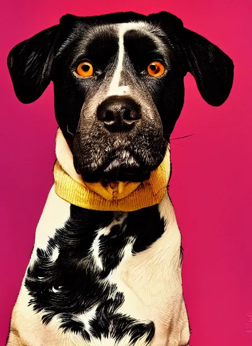 Image similar to a lumpy black dog, white hairs, short, fat, mutt, pitt, lab, photorealistic leica s photograph, kodachrome, psychedelic, platon