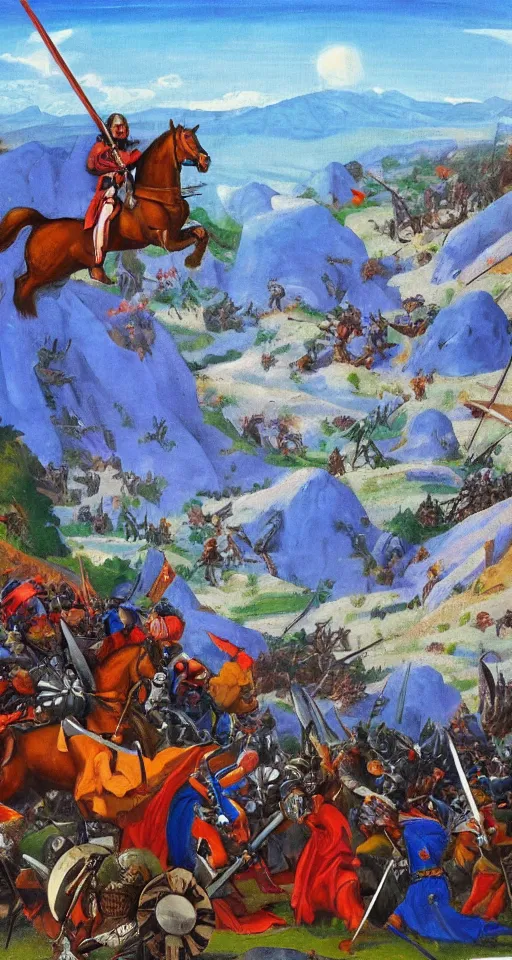 Image similar to colorful simple wideshot of a medieval battle in front of a beautiful blue mountainscape, painting