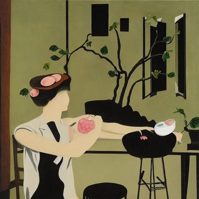 Image similar to a female pathology student in her apartment, wild berry vines, pig, black walls, ikebana, snakes, black armchair, sculpture, acrylic on canvas, surrealist, by magritte and monet