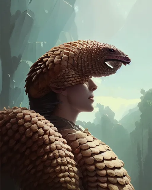 Image similar to highly detailed vfx portrait of a pangolin with white and gold cyborg scales, unreal engine, greg rutkowski, loish, rhads, beeple, makoto shinkai and lois van baarle, ilya kuvshinov, rossdraws, tom bagshaw, alphonse mucha, global illumination, detailed and intricate environment