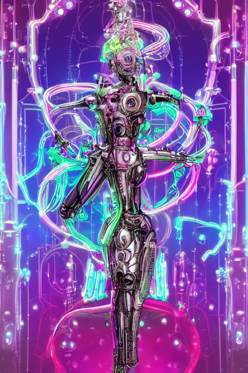 Image similar to full-body baroque and bladerunner style pink neon statue of a beautiful goddess ((mech humanoid)) dancing sim roupa, (((glowing white face))), (crown of golden steampunk gears), emeralds, swirling silver silk fabric. futuristic elements. prismatic liquid rainbow light, full-length view. space robots. (((human skulls))). throne made of bones, intricate artwork by caravaggio. Trending on artstation, octane render, cinematic lighting from the right, hyper realism, octane render, 8k, depth of field, 3D