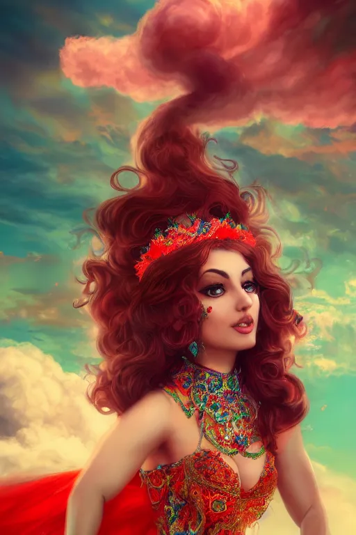 Image similar to a beautiful persian princess in colorful clouds and smoke, green eyes, red dress, long black curly hair, smiling in awe wearing a tiara, face, highly detailed, artstation, concept art, sharp focus, digital art by hana yata, octane render, unreal engine, 8 k