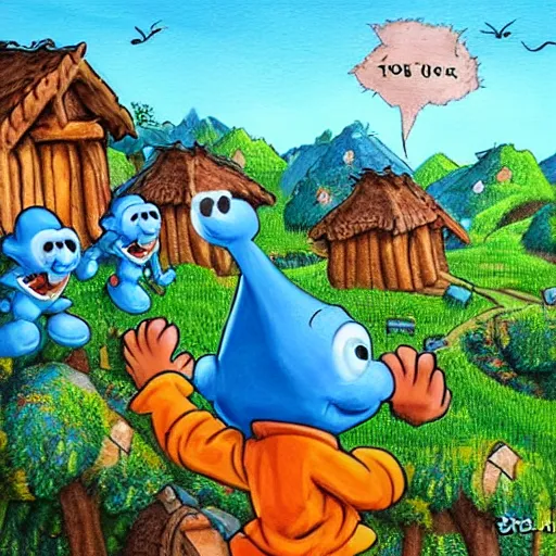 Prompt: the smurf village, artwork by random artist