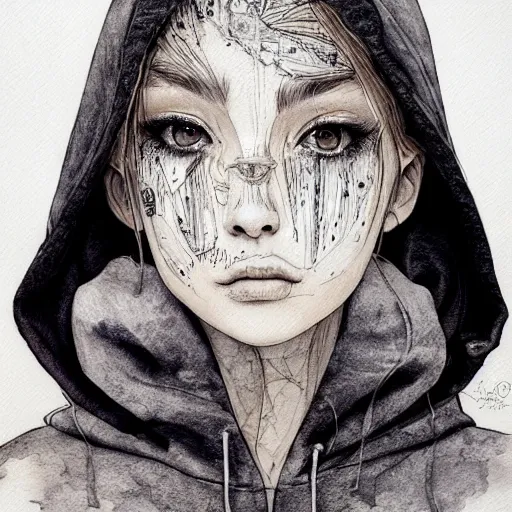 Image similar to portrait of a grungy girl, wearing a hoodie and sweatpants, symmetrical wings made of pizza, basic white background, symmetrical, watercolor, pen and ink, intricate line drawings, by Yoshitaka Amano, Ruan Jia, Kentaro Miura, Artgerm, detailed, trending on artstation, hd, masterpiece,