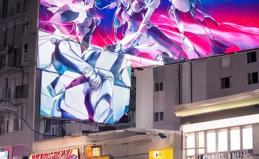 Image similar to night lighting billboard advertisement with an extremely beautiful photo of a white marble statue of an anime girl with colorful motocross logos and motorcycle helmet with closed visor, colorful smoke in the background, carved marble statue, fine art, neon genesis evangelion, virgil abloh, offwhite, denoise, highly detailed, 8 k, hyperreal