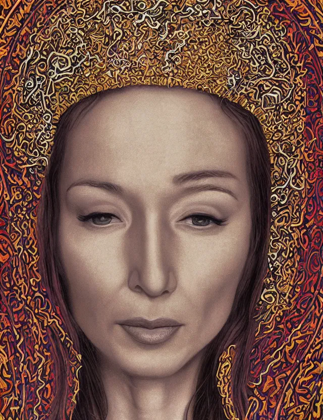 Image similar to a portrait of tori amos as a byzantine saint by alex grey