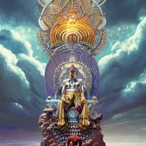 Image similar to african cosmic god obatala sitting on a throne of nebula clouds, dim light, front game card, marvel comics, dark, intricate, highly detailed, smooth, artstation, digital illustration by ruan jia and mandy jurgens and artgerm and wayne barlowe and greg rutkowski and zdislaw beksinski.