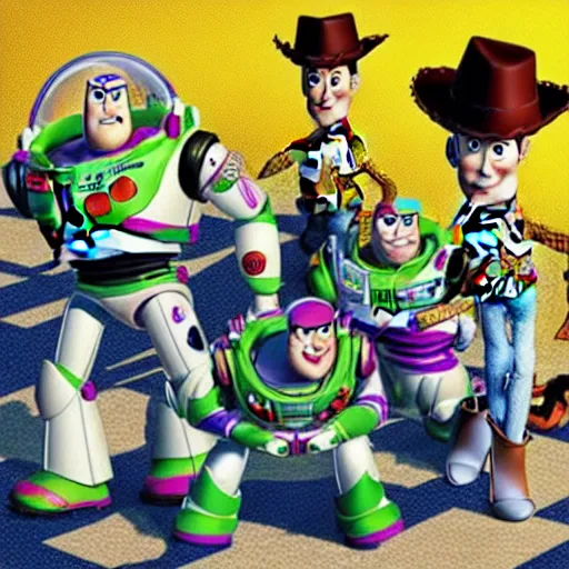 Image similar to a very high detailed painting of toy story in cyberspace