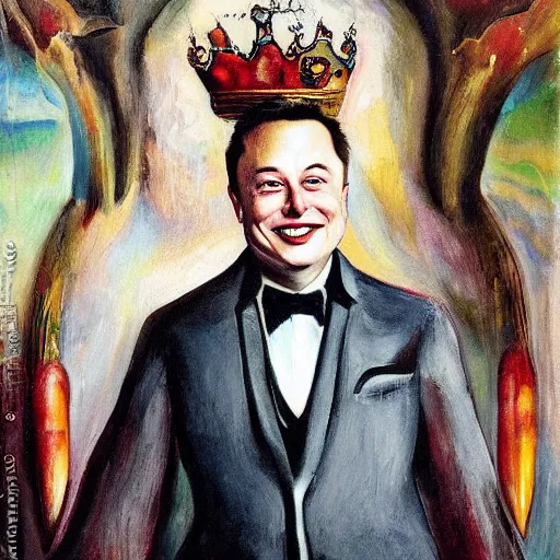 Image similar to “a deliriously happy king elon musk, portrait oil painting by Otto Dix, oil on canvas (1921)”