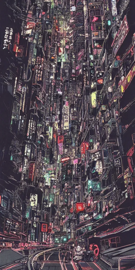 Image similar to beautiful and detailed anime drawing of an AKIRA-like cyberpunk city landscape with light trail from a motorcycle at the bottom and a bridge silhouette at the top, japan at night, 1980s, by Katsuhiro Otomo and mamoru oshii, wide angle, worm\'s eye view, grand, clean, colorful