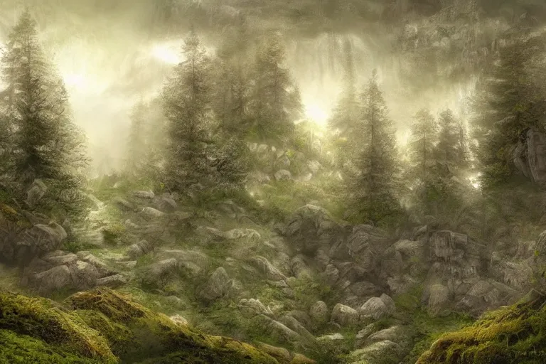 Prompt: beautiful swedish forest from the view of a mountain, misty, very detailed, fantasy landscape concept art