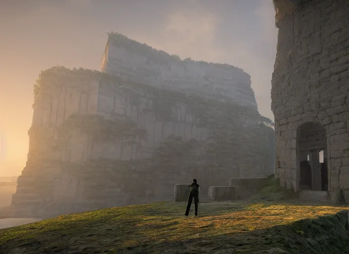 Image similar to a land ruins with a fort in the middle, golden pillars, water tunnels below and a time gate to another dimension, a wounded man standing watching over, dramatic lighting, dawn, by caspar david friedrich, unreal engine 5