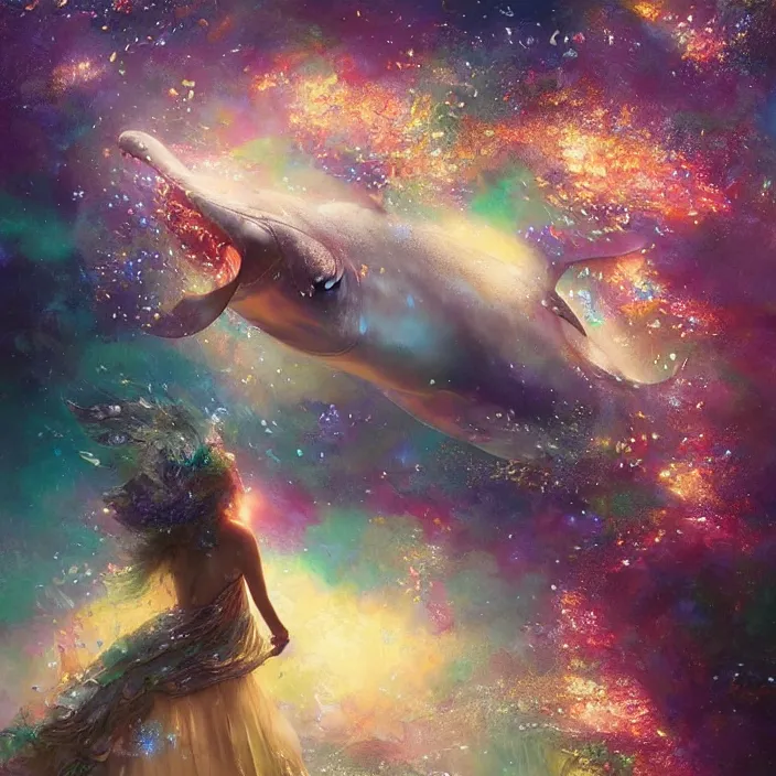 Image similar to glimmering whale, flowing dress, flowers, cosmos, milky way galaxy, swirling, dancing, golden hour, god rays, coral reef, dreamscape by artgerm and ruan jia and ismail inceoglu and greg olsen, masterpiece, beautiful, intricate, elegant, highly detailed