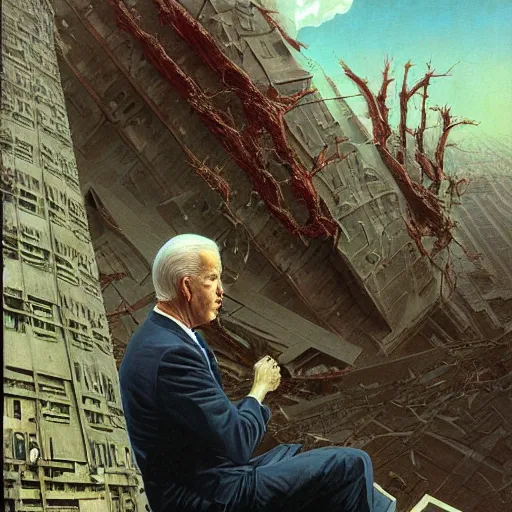 Prompt: immense, majestic, surreal, terrifying joe biden crushing buildings under his heel, perfectly clear face, by j. c. leyendecker and beksinski