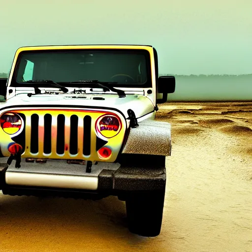 Prompt: digital art of a 1997 hardtop white Jeep Wrangler drowning in quicksand, beautiful iridescent fog swallows the dirty swamp, gritty, Venom liquid grabs at the Jeep, cinematic, extraordinary colorful landscape, photorealistic, soft vintage glow
