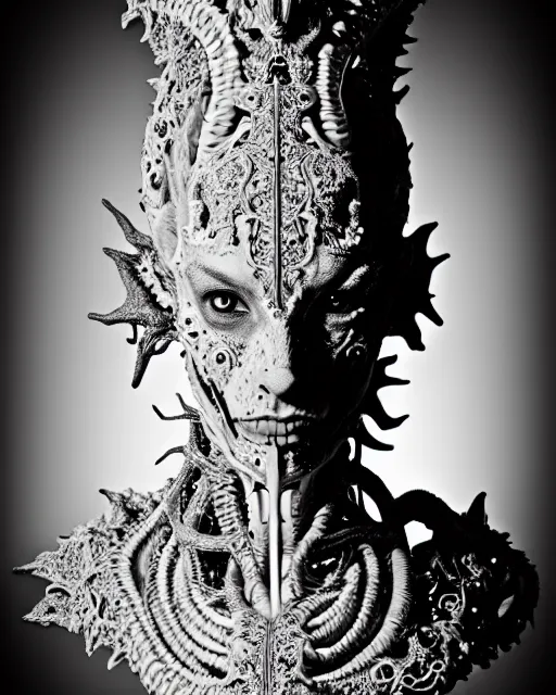 Image similar to a black and white high quality old photo of a young beautiful female queen-dragon-cyborg bust with a very long neck and Mandelbrot fractal face, Mandelbrot fractal skin, flesh, anatomical, facial muscles, veins, arteries, elegant, highly detailed, flesh highly baroque ornate, hair are wired cables, elegant, high fashion, rim light, octane render, in the style of H.R. Giger and Louis Daguerre, Realistic, tintype, Refined, Digital Art, Highly Detailed, Cinematic Lighting, rim light, black and white, photo-realistic, 8K