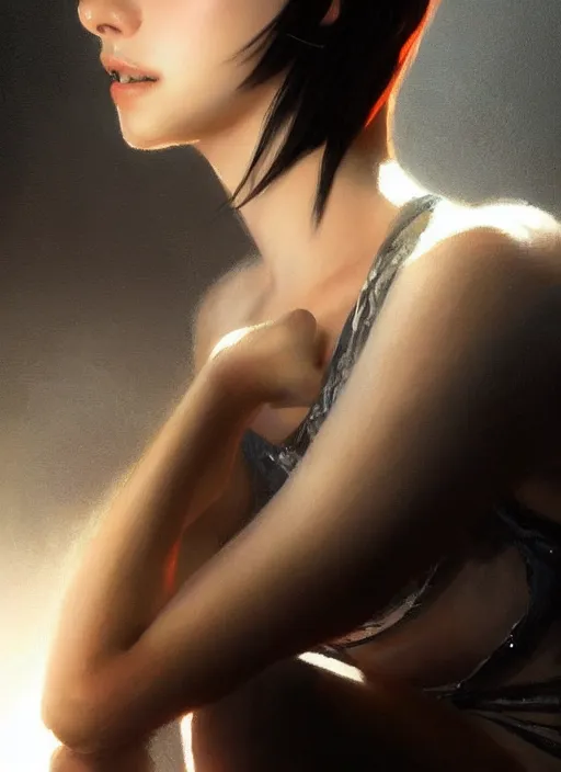 Prompt: girl with black hair, pixie haircut, beautiful highly detailed face, complementary lighting, backlit, dramatic lighting, beautiful painting by artgerm and greg rutkowski and raymond swanland