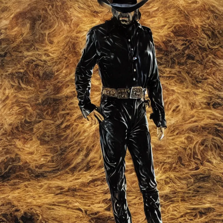 Image similar to 1 9 7 0's spaghetti western film octane render portrait by wayne barlow and carlo crivelli and glenn fabry, a man wearing a shiny black latex suit and cowboy hat covered in colorful slime, standing in a scenic western landscape, cinema 4 d, ray traced lighting, very short depth of field, bokeh