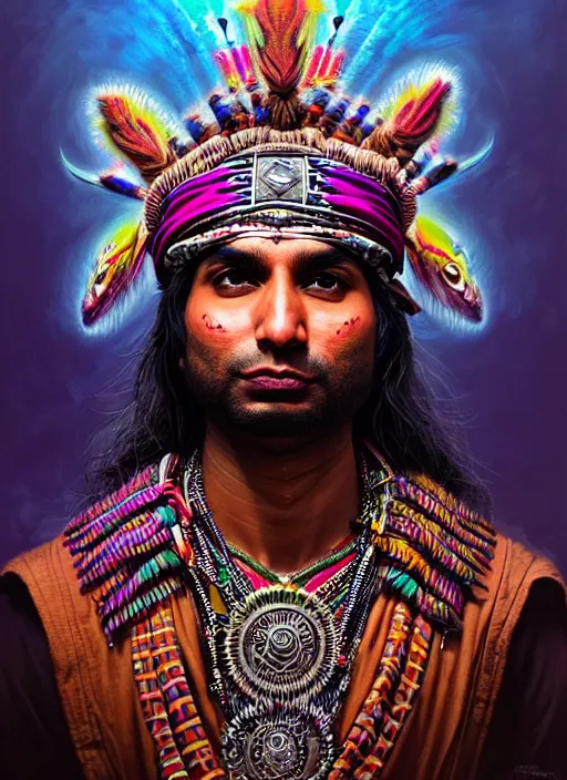 Prompt: portrait of kunal nayyar, hyper detailed ultra sharp aztec shaman warrior. trending on artstation, warpaint aesthetic, bloodwave, colorful, psychedelic, ornate, intricate, digital painting, concept art, smooth, sharp focus, illustration, art by artgerm and greg rutkowski and h. r. giger, 8 k