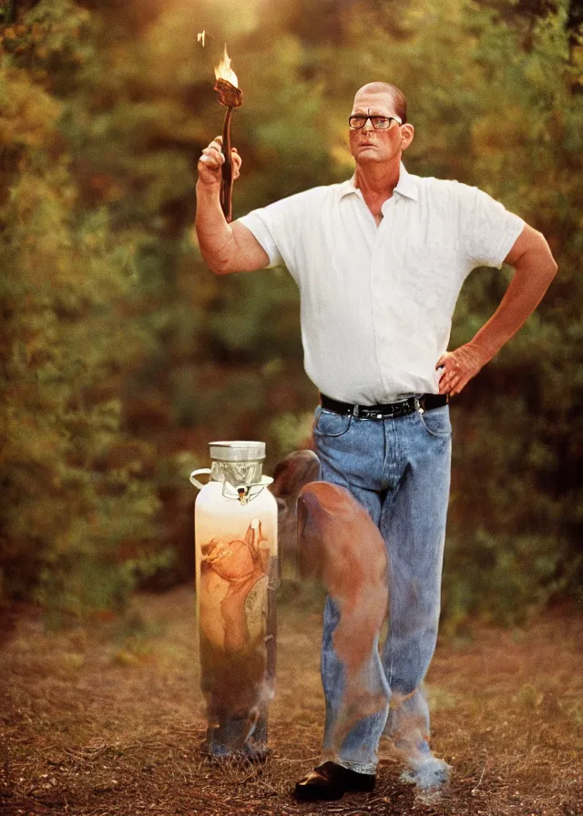 Prompt: live action hank hill, portrait photo taken by annie leibovitz, dramatic lighting, 8 5 mm f / 2. 4, kodak portra, color film