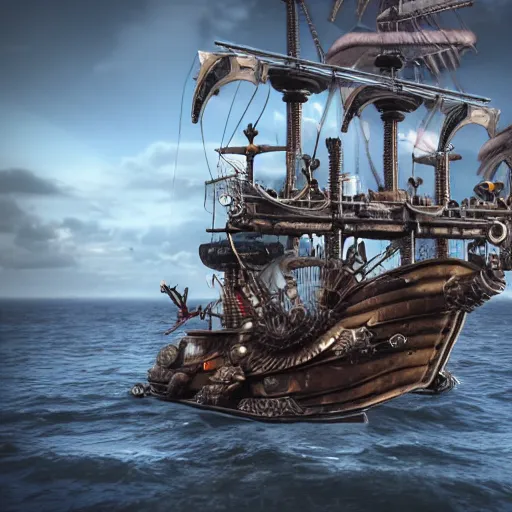 Image similar to futuristic metal pirate ship with guns and rockets , highly detailed, 4k, HDR, smooth, sharp focus, hyper realistic, high resolution