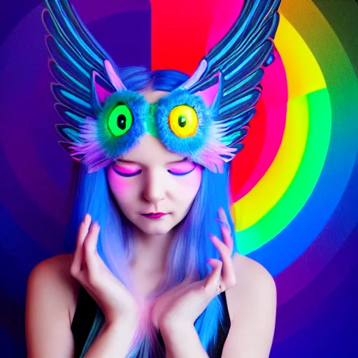 Prompt: A girl wearing an owl mask and blue hair with glowing halo and wings and a cat tail with a rainbow halo behind her. She has pink and yellow flowers around her head. Smooth lines and details and soft color palette. 4k render. Trending on Art Station!