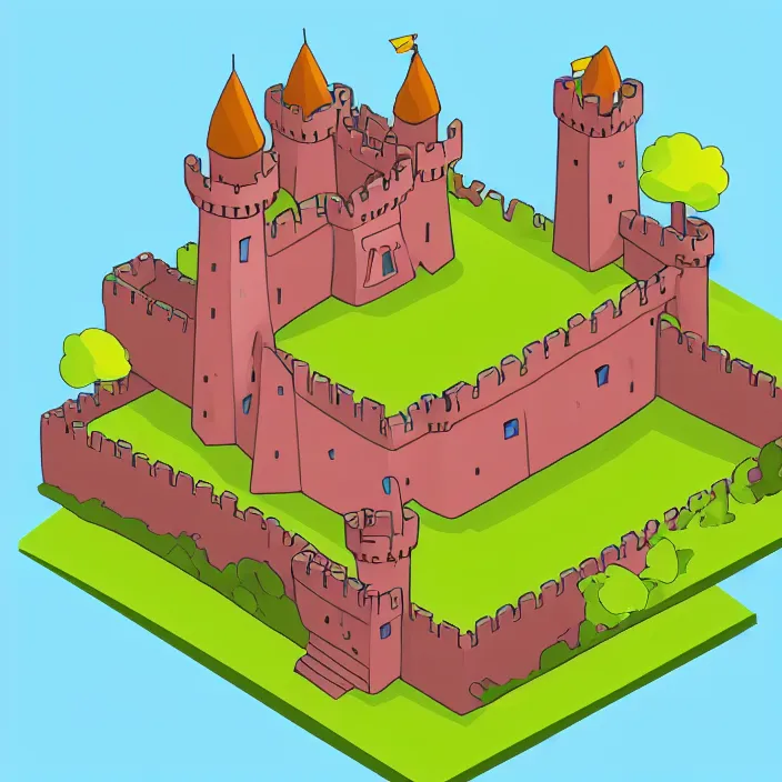 Image similar to isometric cartoon art of a small castle, white background