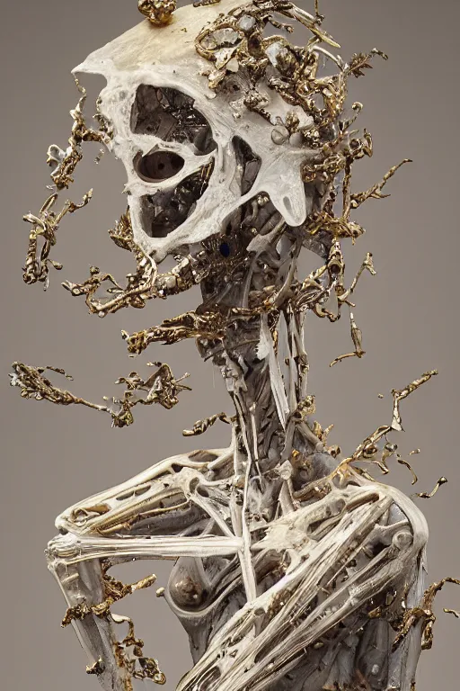 Image similar to A boney thin humanoid with teared viscose clothes wearing a carved mineral mask with tiny mineral and gold incrustations. By tom purvis, emil melmoth, zdzislaw belsinki, Craig Mullins, yoji shinkawa, white gold color scheme, featured on artstation, beautifully lit, Peter mohrbacher, zaha hadid, hyper detailed, insane details, intricate, elite, ornate, elegant, luxury, dramatic lighting, CGsociety, hypermaximalist, golden ratio, environmental key art, octane render, weta digital, micro details, 3d sculpture, structure, ray trace 4k