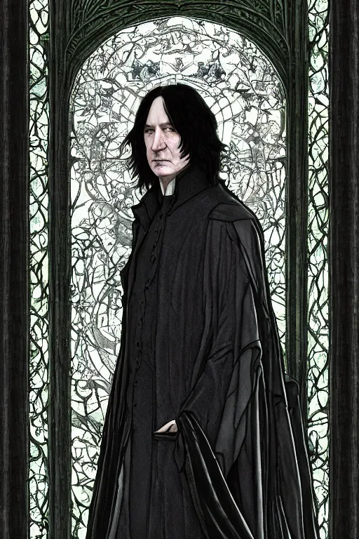 Prompt: breathtaking detailed painting of severus snape with long cloak in an art nouveau stained glass, by ruan jia, intricate cloak of silver night mists, piercing eyes, detailed realistic facial features, 8 k, concept art, matte, sharp focus, rembrandt style