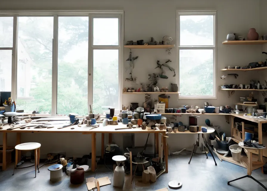 Prompt: interior of an art studio room with ceramics on shelves and tools on desks and trees outside the window, makoto shinkai, dusty