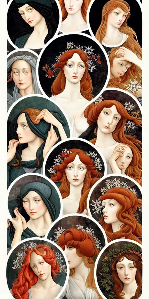 Image similar to the 12 months of the year as 12 figures, (3 are Winter, 3 are Spring, 3 are Summer and 3 are Autumn), in a mixed style of Botticelli and Æon Flux!, inspired by pre-raphaelite paintings, and shoujo manga, stunningly detailed, fine inking lines, flat colors, 4K photorealistic