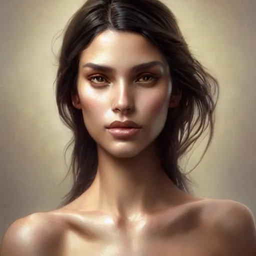 Image similar to Australian Supermodel, olive skin, long dark hair, beautiful bone structure, intricate, elegant, highly detailed, digital painting, artstation, concept art, smooth, sharp focus, illustration, art by artgerm and greg rutkowski and alphonse mucha