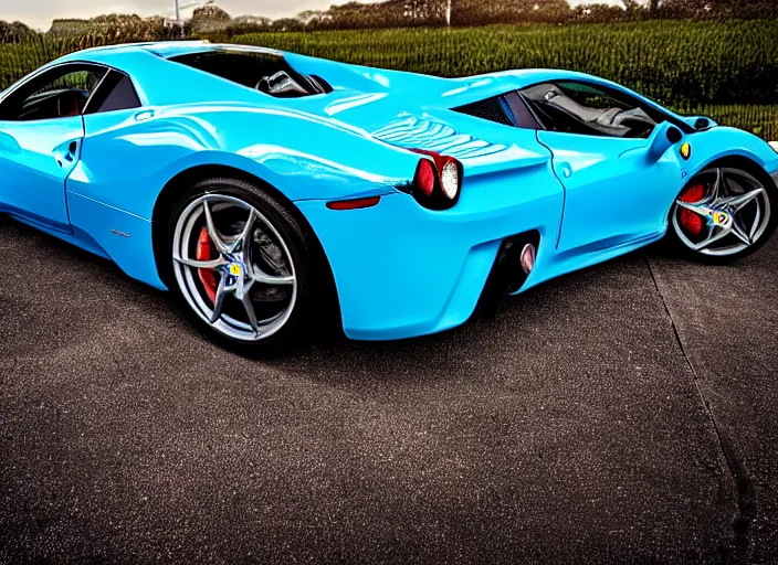 Prompt: car photography, Baby blue 458 Italia Ferrari, Wide-shot